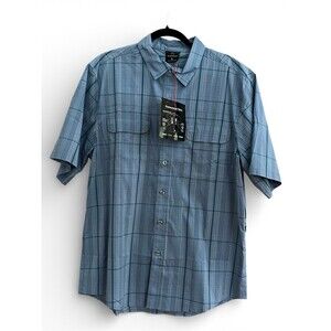 SCOTTeVest Homestead Shirt Mens L Blue Plaid SS Button Up Cotton Stretch NWT